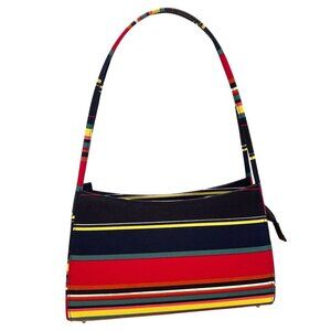 Striped Canvas Shoulder Bag Purse Small Baguette Y2K Retro Red Blue Pocketbook